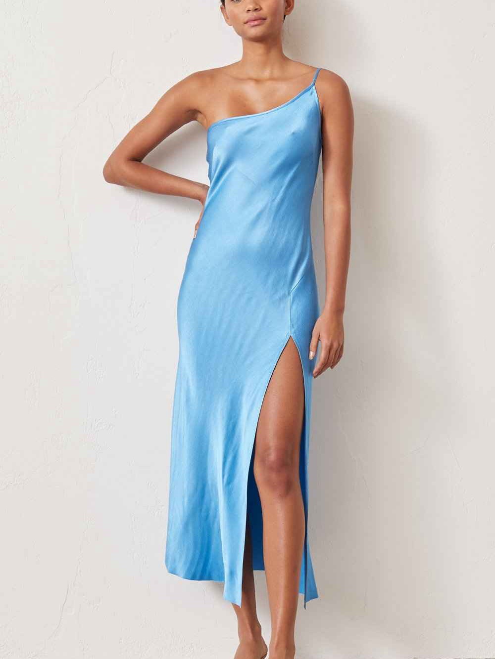 Bec & Bridge One-Shoulder Sky Blue Satin Midi Dress with Thigh Slit